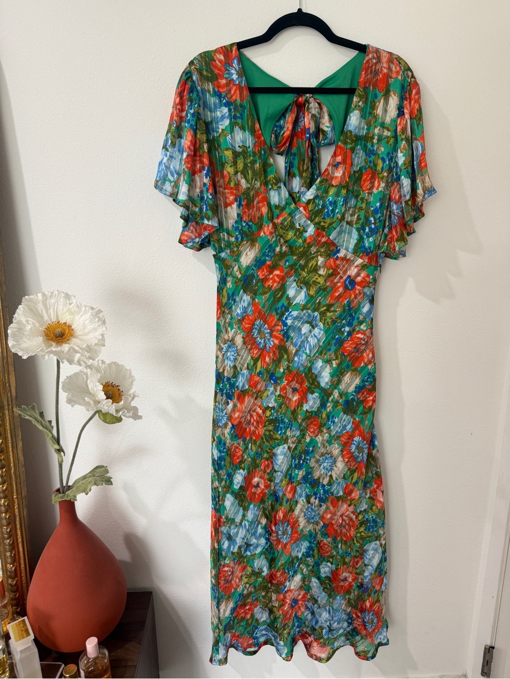 Nasty Gal Green Floral Wrap Midi Dress with Red & Blue Flowers